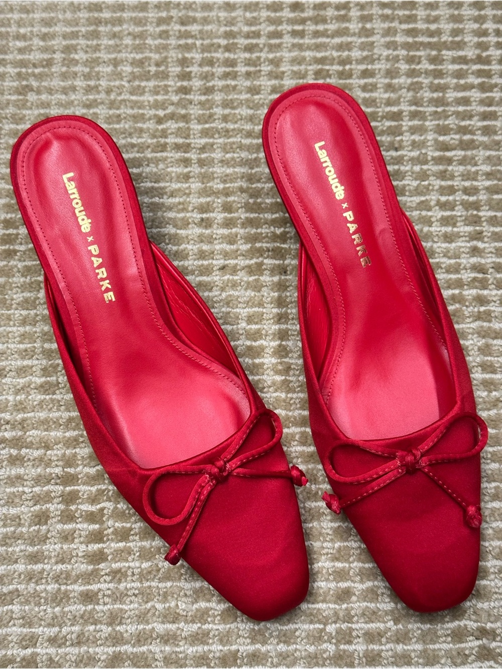 Larroude Red Satin Bow Mules